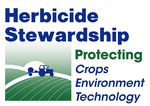 Herbicide Stewardship program logo with stylized words, "Herbicide Stewardship, Protecting: Crops, Environment, and Technology," with clip art of a tractor pulling a sprayer over fields
